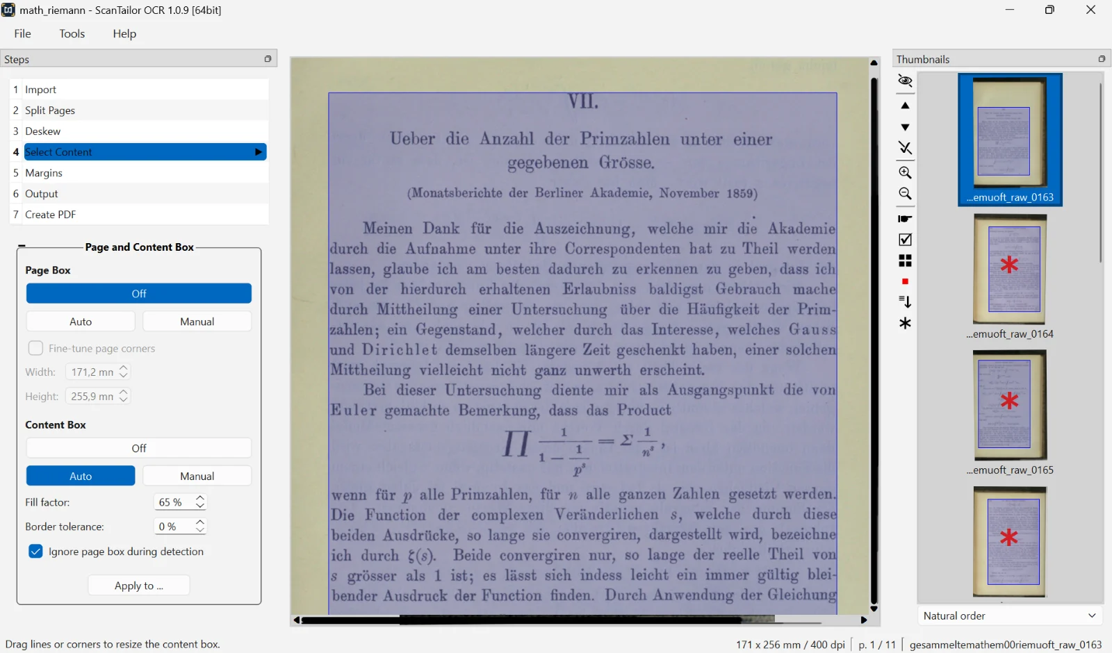 ScanTailor OCR in the Select Content step: the processing steps and options on the left, a book page with its detected content area in the middle, page thumbnails on the right